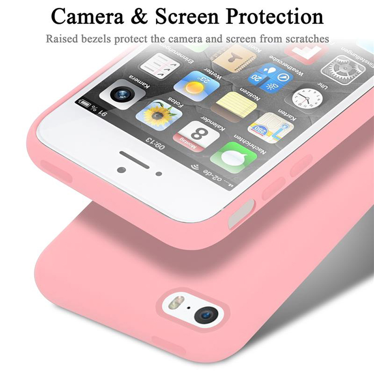 Eine rosa Handyhülle mit einem Telefon darin wird gezeigt. Der Telefonbildschirm ist sichtbar und zeigt Symbole an.