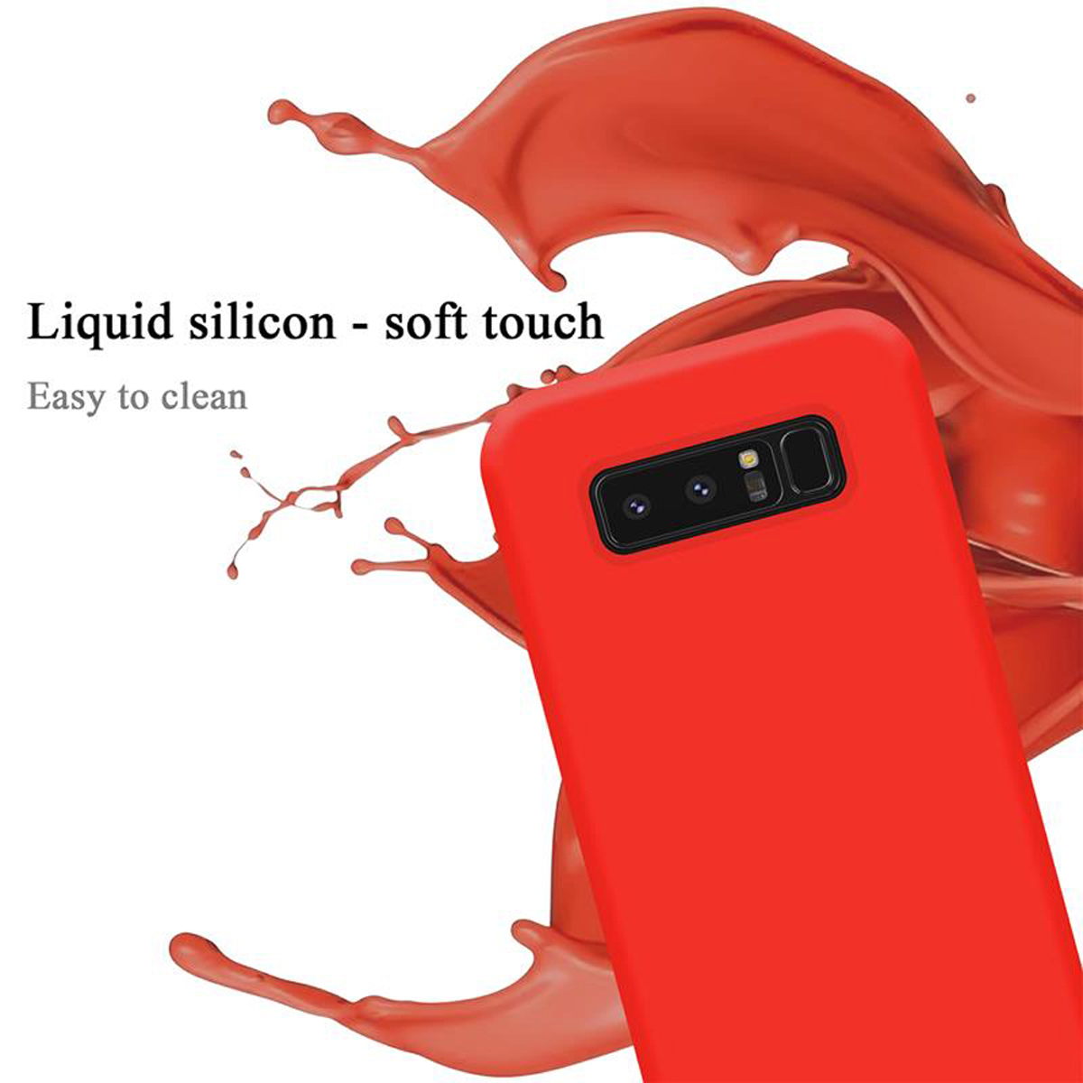 Custodia rossa per telefono con fotocamera e le parole Silicone liquido - tocco morbido. Facile da pulire scritto.