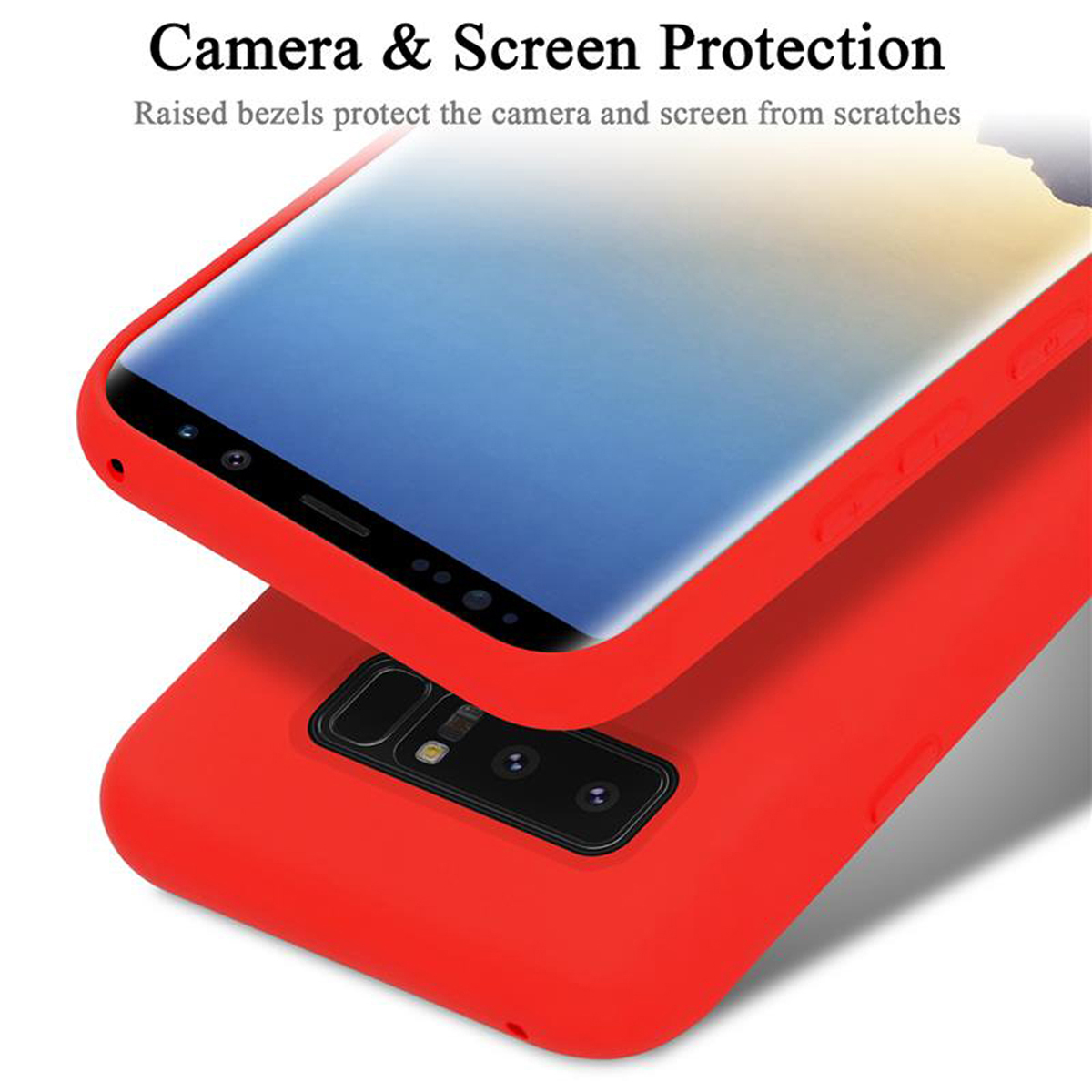Custodia per telefono rossa con telefono all'interno. Il testo indica 'Protezione fotocamera e schermo'. Mostrate le cornici rialzate.