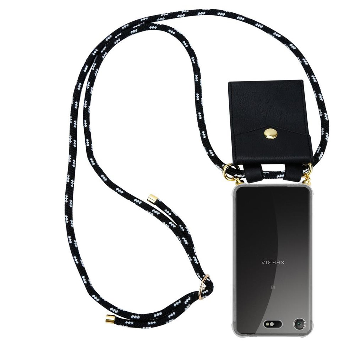 Ein Telefon ist mit einem schwarz-weißen Seil mit einem schwarzen Lederetui verbunden. Das Telefon ist ein Sony Xperia.