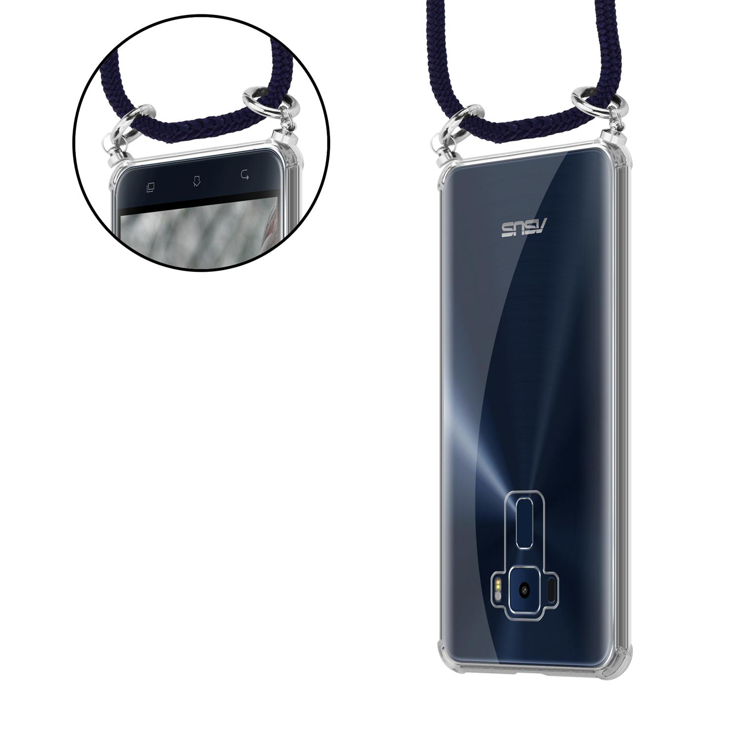 Eine Asus-Handyhülle mit einem Schlüsselband. Die Hülle ist durchsichtig und es ist ein Asus.