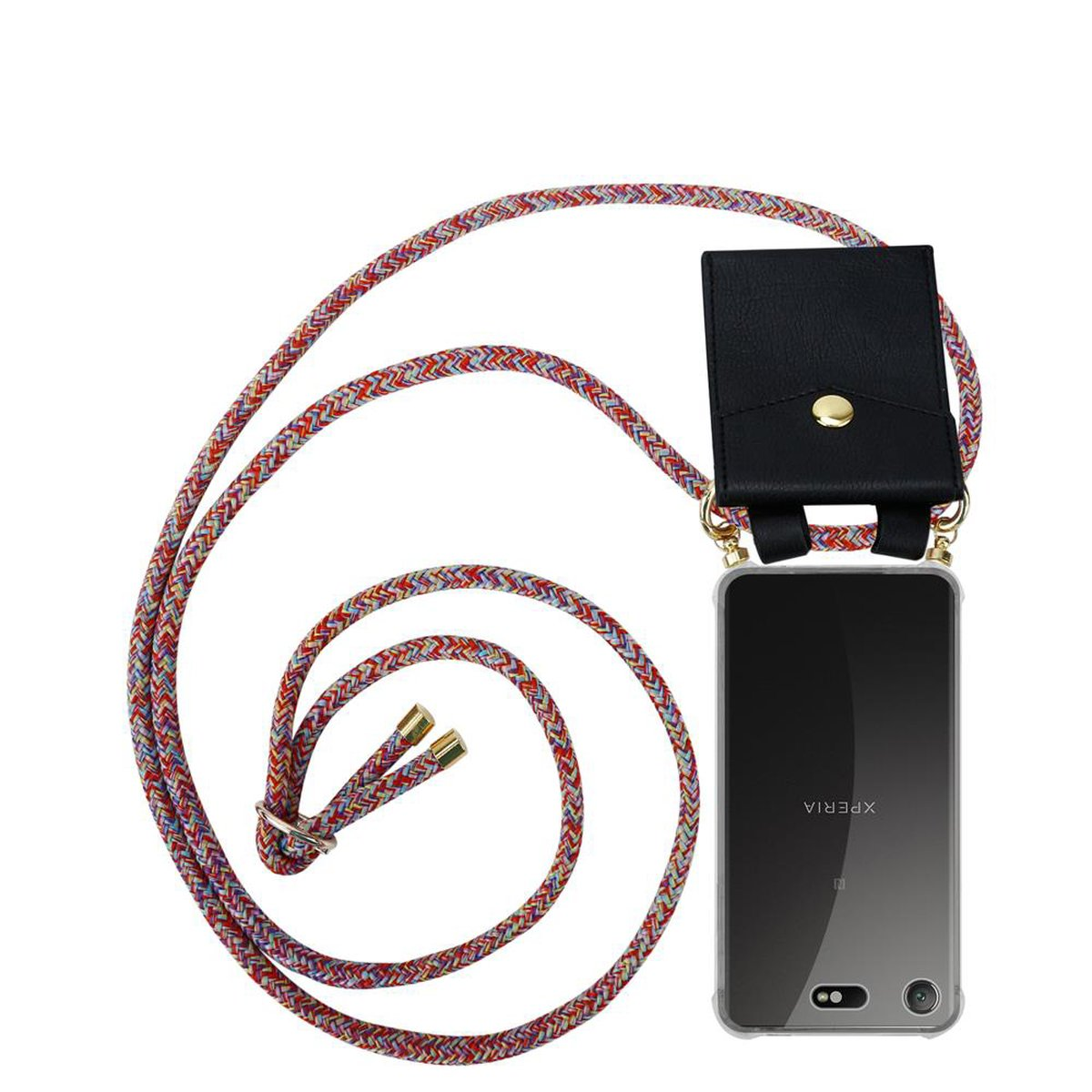 Schwarze Leder-Handyhülle mit buntem Seil an einem Telefon befestigt.