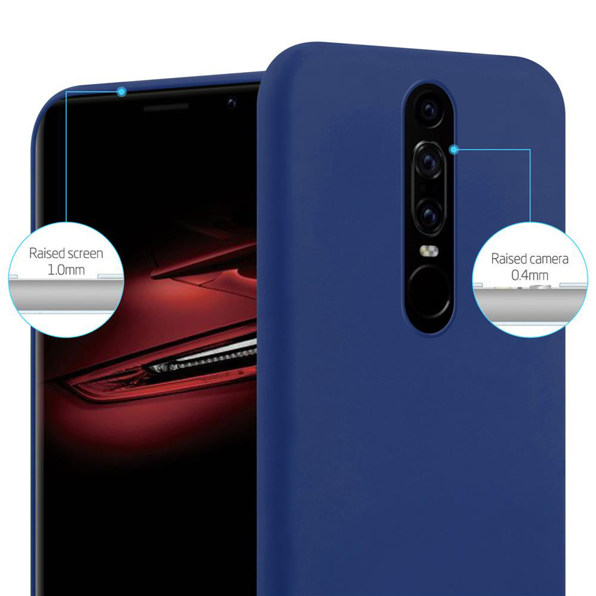 Custodia blu con telefono, con annotazioni schermo e fotocamera.
