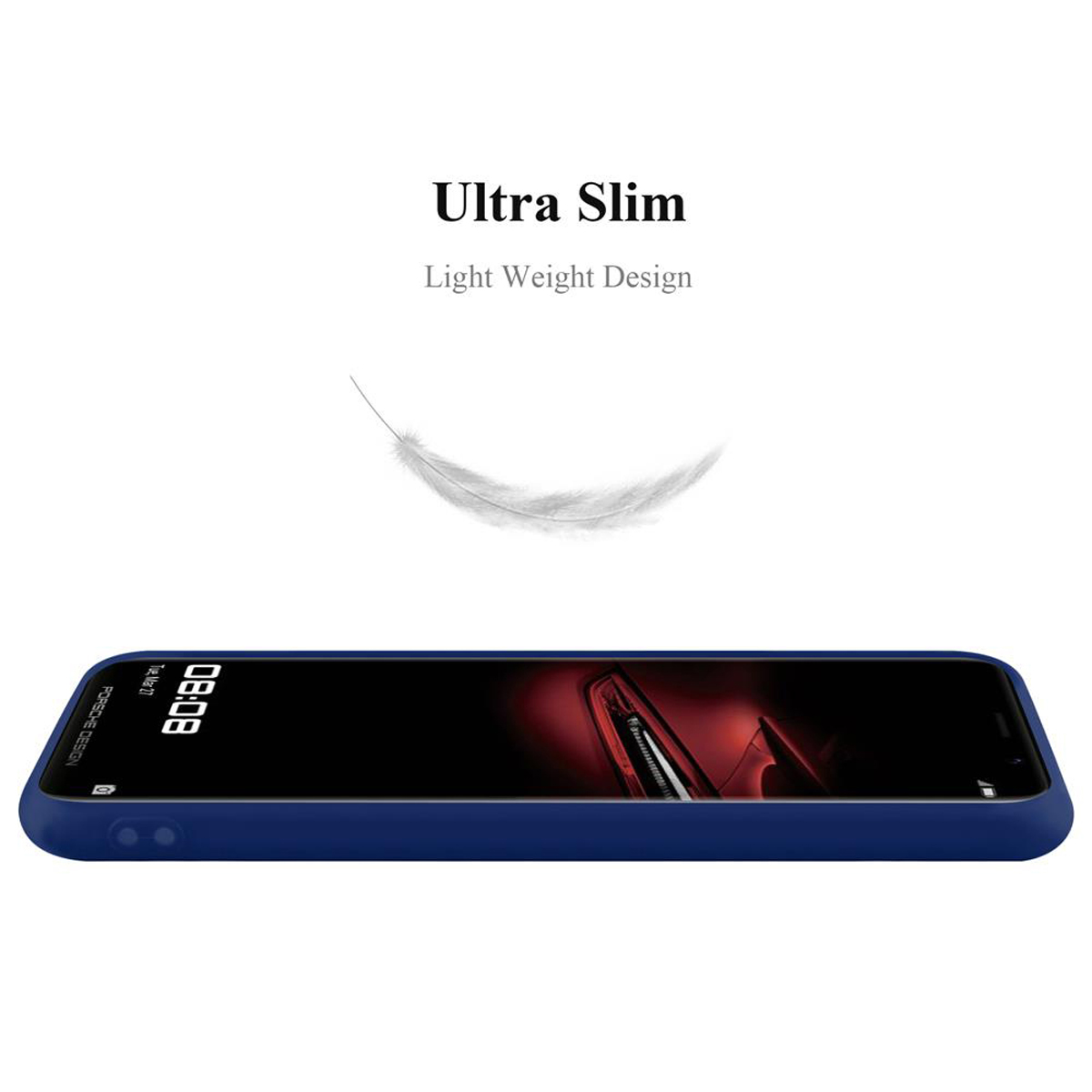 Custodia blu per telefono con schermo che mostra l'ora. Grafica a forma di piuma e testo in alto.