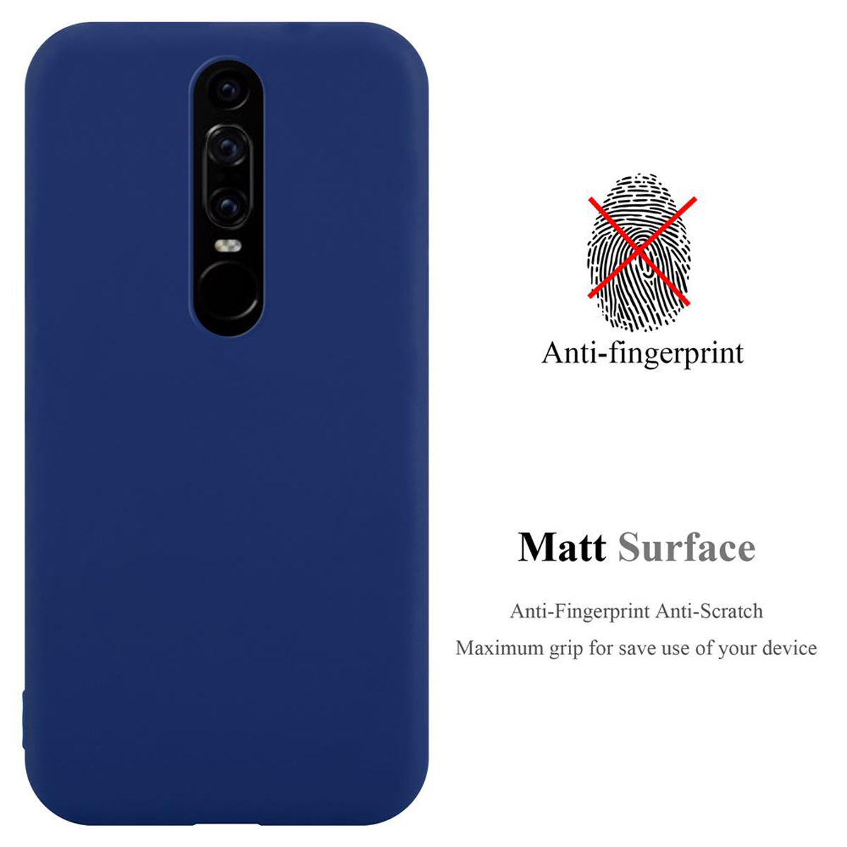 Custodia blu navy con fori per fotocamera. Testo: Anti-impronta, superficie opaca per presa.