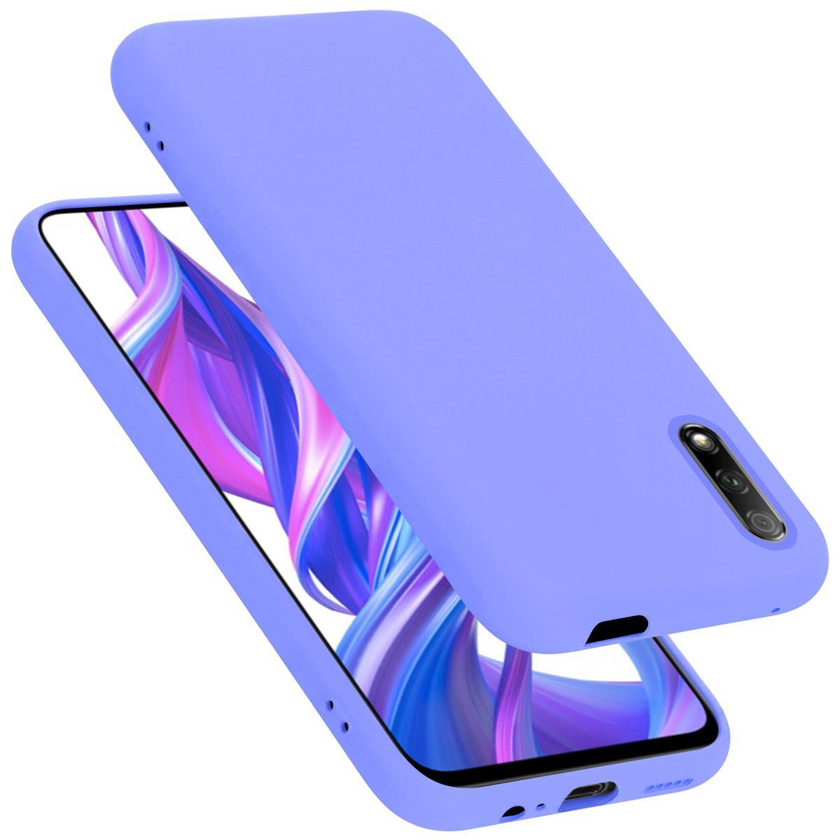 Funda de teléfono morada clara, abierta, con el teléfono dentro.