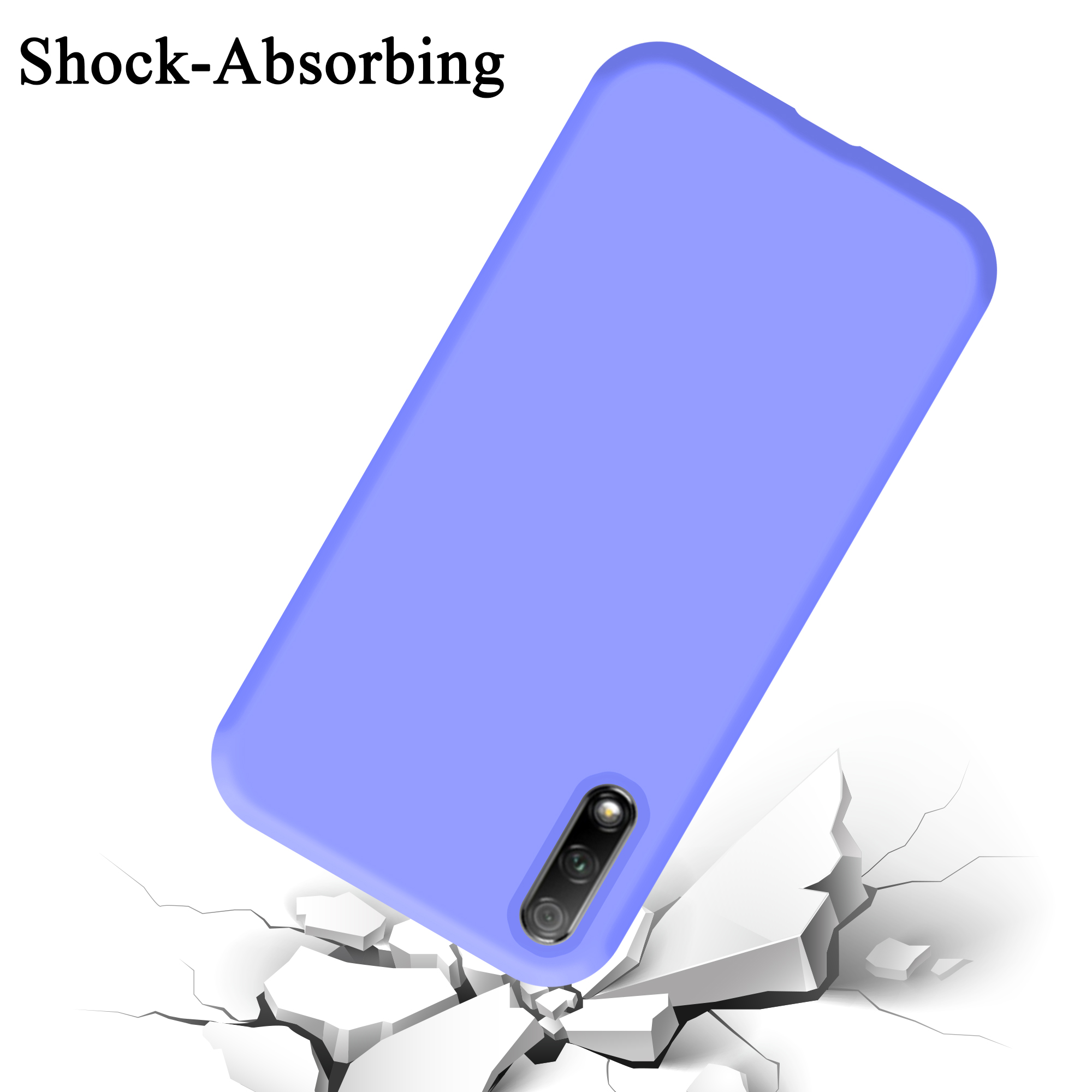 Una funda de teléfono púrpura cayendo con grietas en el suelo. Texto: Absorbe los golpes.