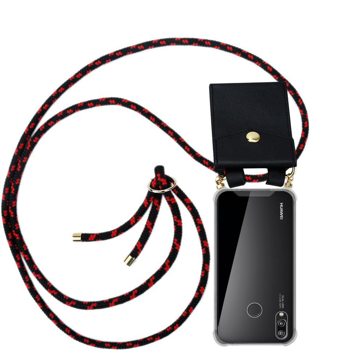 Custodia per telefono con pochette in pelle nera, attaccata a un cordino a motivi rossi e neri.