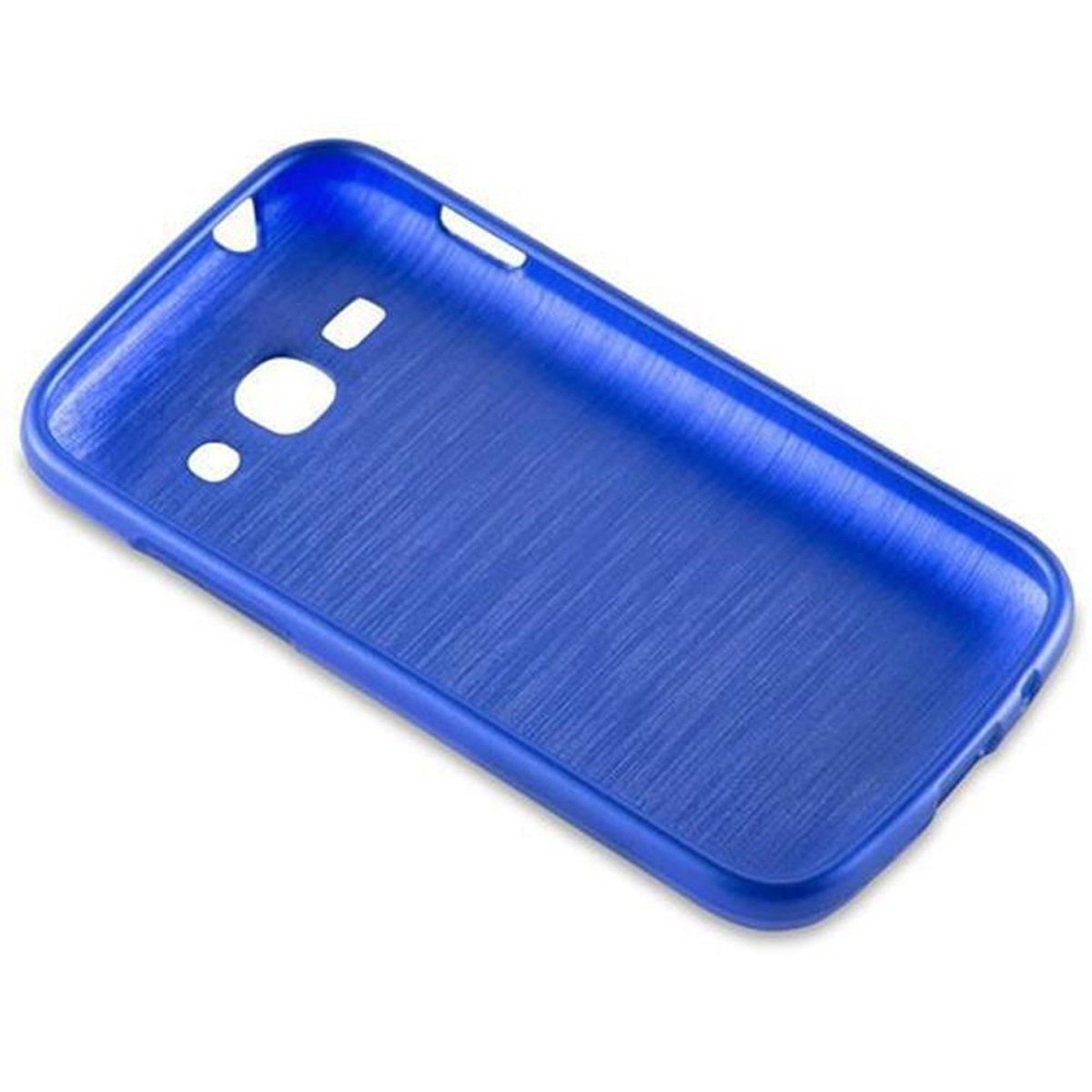 Eine blaue Handyhülle mit strukturierter Oberfläche und Aussparungen für Kamera und Tasten.
