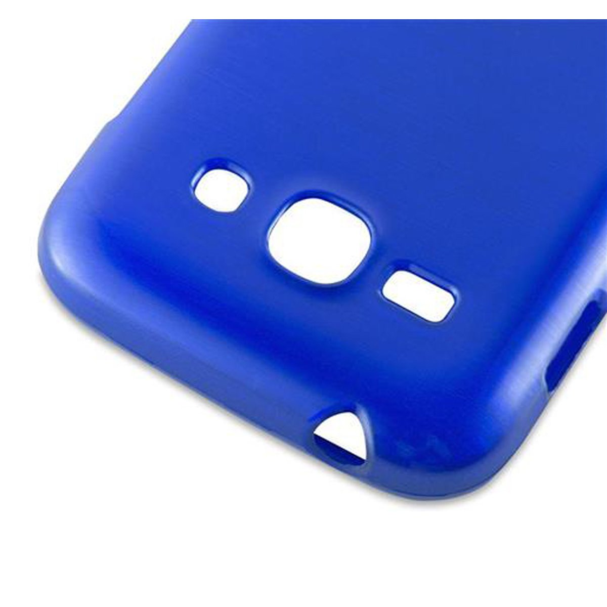 Blaue Telefonhülle mit Aussparungen für Kamera, Lautsprecher und Ladeanschluss. Weißer Hintergrund.