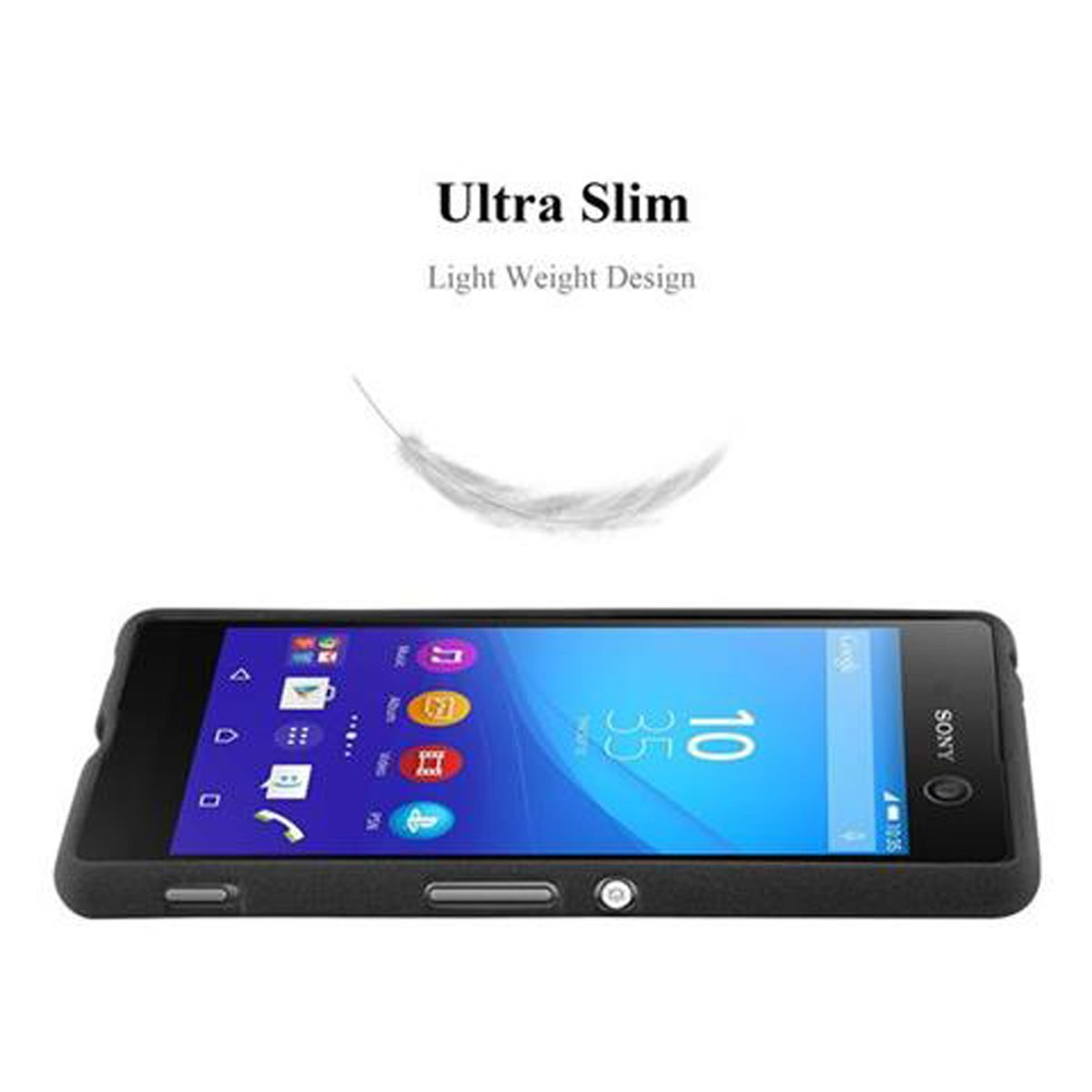 Telefono nero con icone. Testo sopra: 'Ultra Slim, Light Weight Design'. Una piuma fluttua.