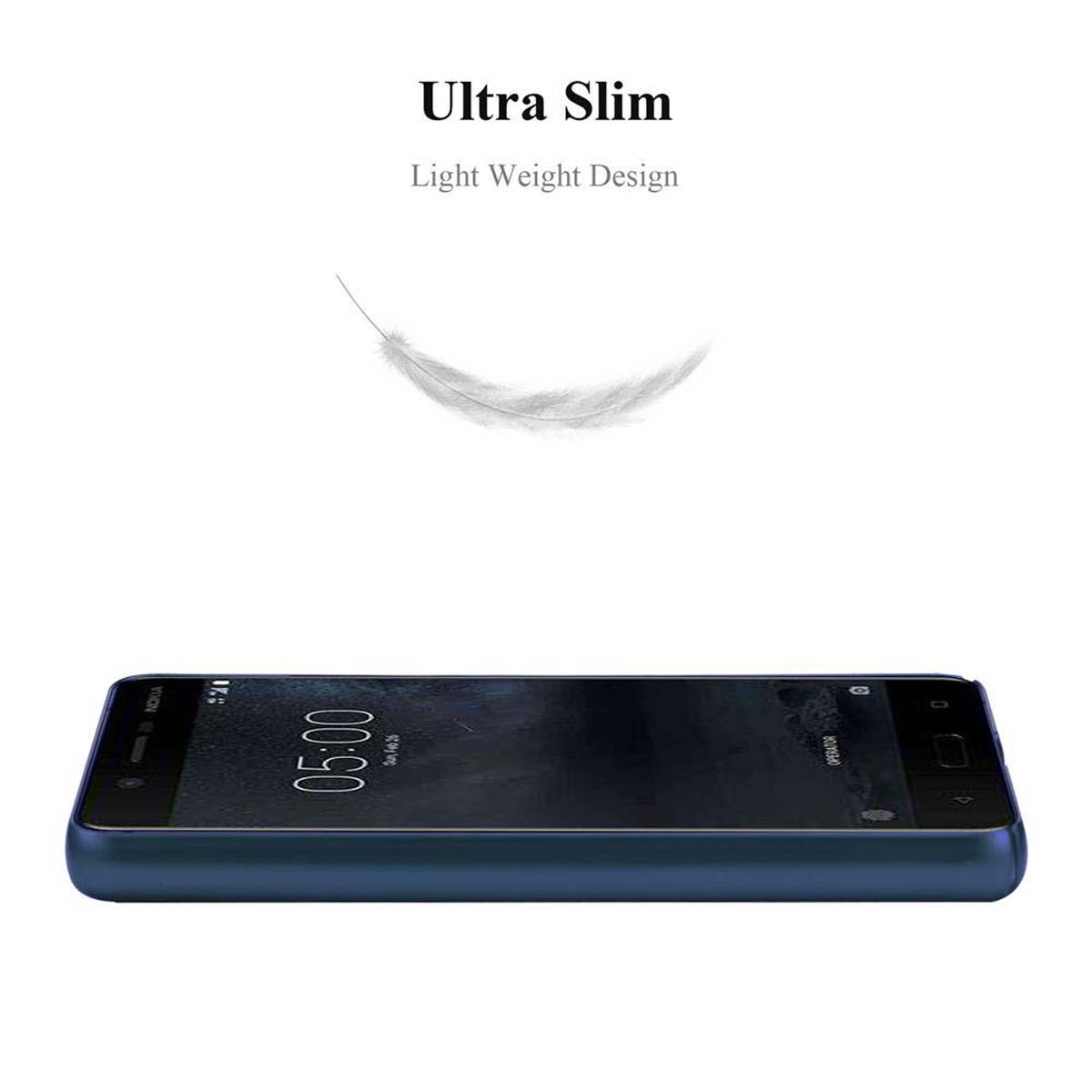 Un telefono blu navy con custodia è esposto con una piuma sopra.