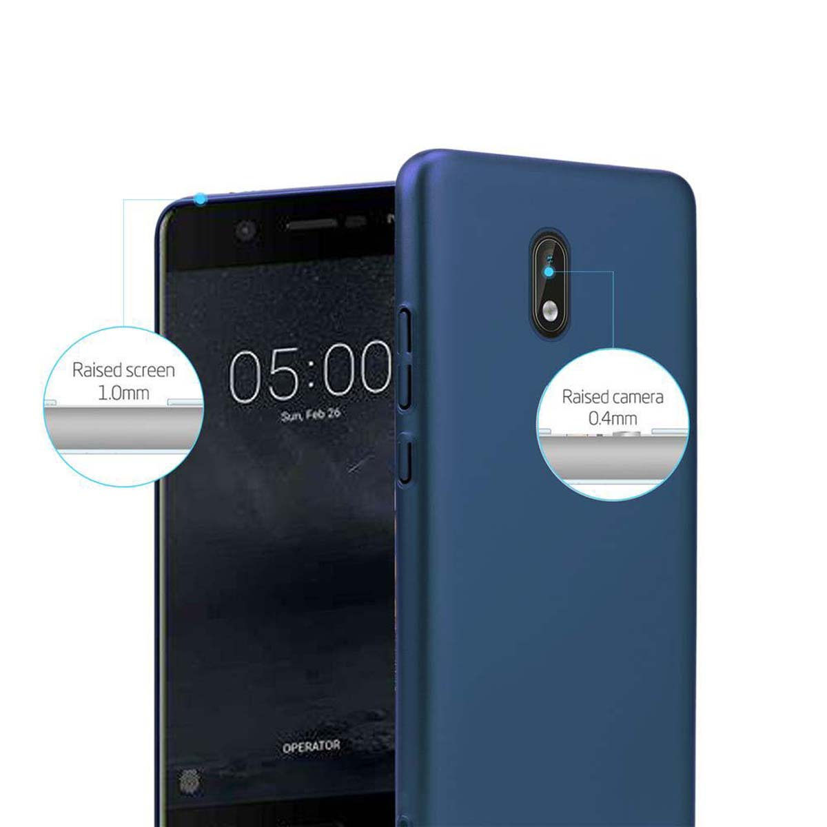 Custodia blu per telefono. Dettagli schermo e fotocamera rialzati.