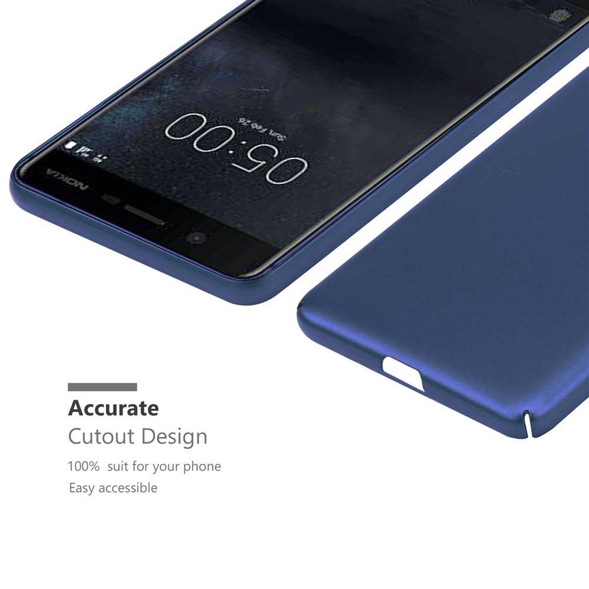 Custodia blu per telefono con un telefono Nokia all'interno. Lo schermo mostra l'ora 05:00. Il testo dice ritaglio preciso.