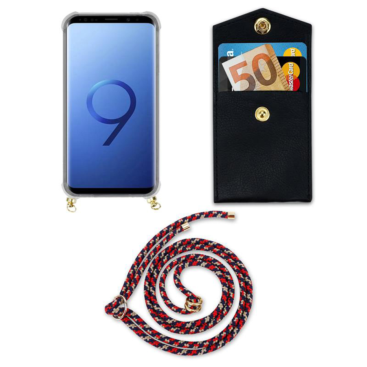 Un telefono con cinturino e custodia nera con una banconota da 50 euro e una Mastercard.