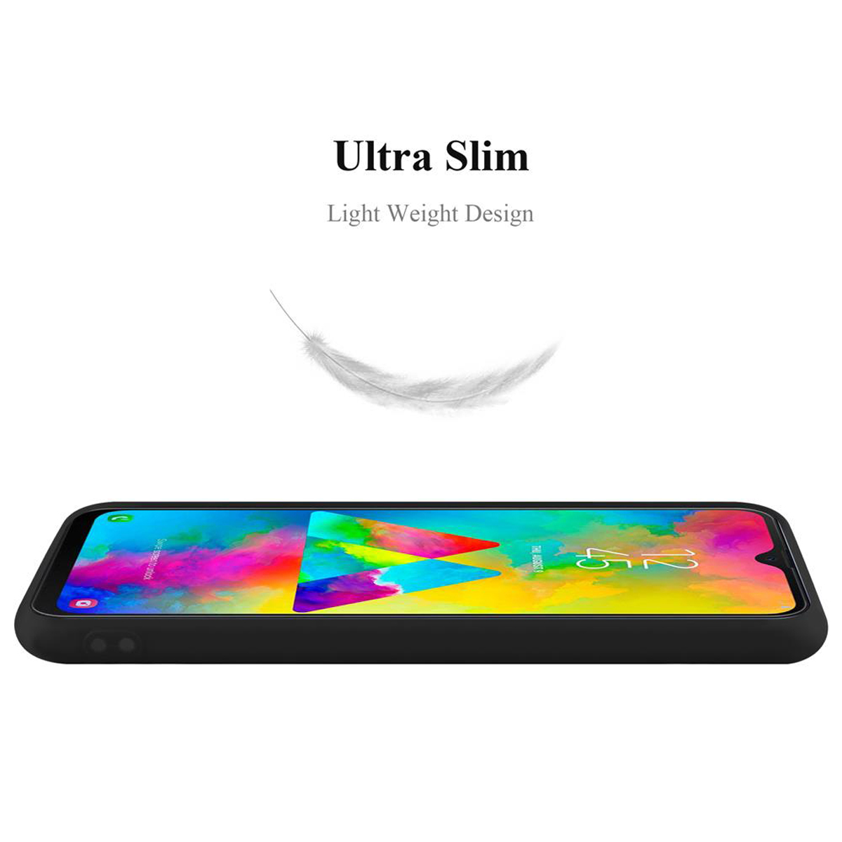 Un telefono con custodia nera. Il testo recita, Ultra Slim. Light Weight Design. Una piuma è sopra il telefono.