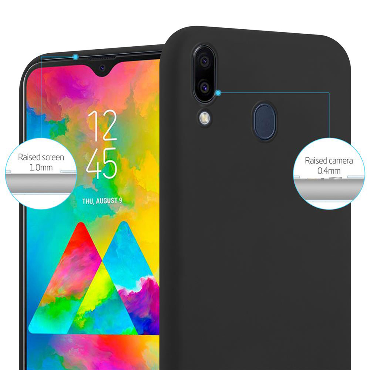 Una custodia nera per telefono con schermo e fotocamera rialzati. Il telefono visualizza l'ora.