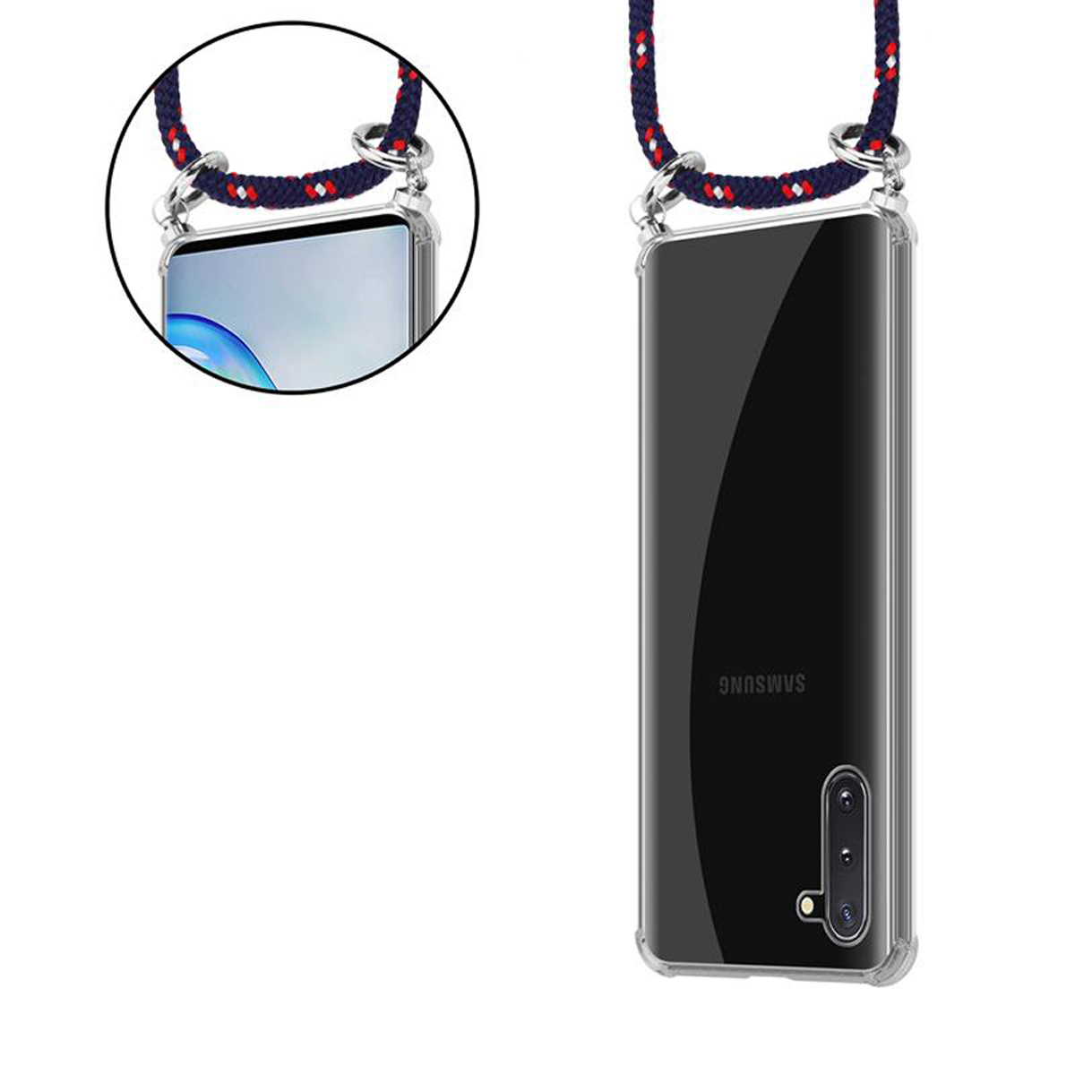 Custodia per telefono con cinturino blu. Schermo visibile. La custodia contiene il telefono.
