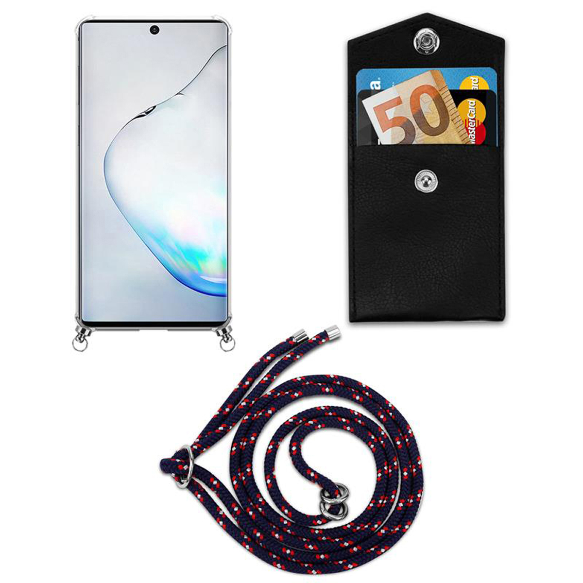 Telefono con custodia trasparente, portafoglio in pelle nera con carte e cinturino in corda blu navy e rosso.