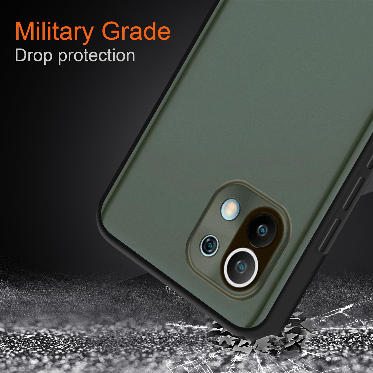 Custodia per telefono verde oliva con telefono, su sfondo scuro. Testo: Grado militare.