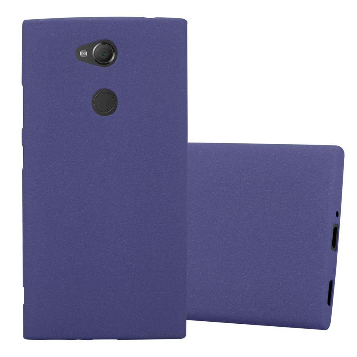 Dos fundas de teléfono morado oscuro. Una mira hacia arriba, la otra está de lado.