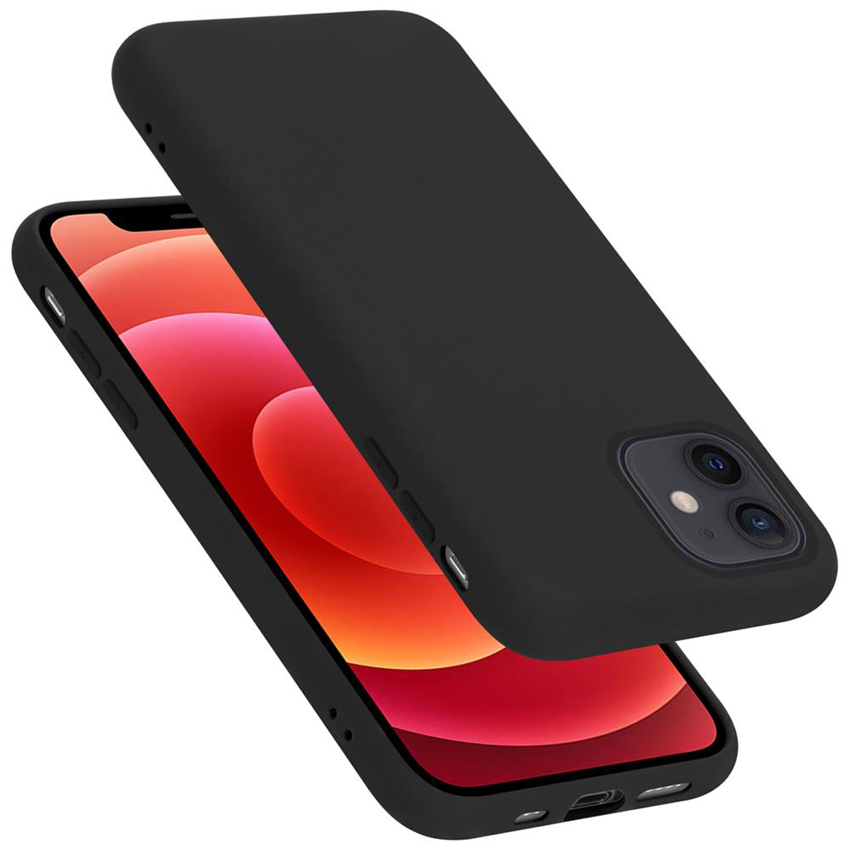 Schwarze Handyhülle. Die Hülle schwebt über einem Telefon. Roter und rosa Hintergrund.