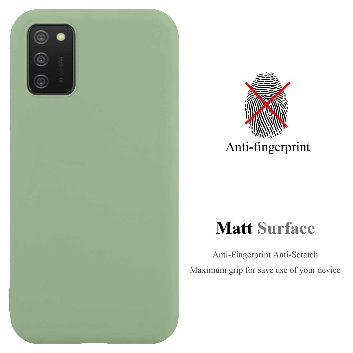 Eine grüne Handyhülle. Die Wörter „Anti-Fingerabdruck“ und „Matt Surface“ befinden sich in der Nähe des Telefons. Das Telefon hat eine Kamera.