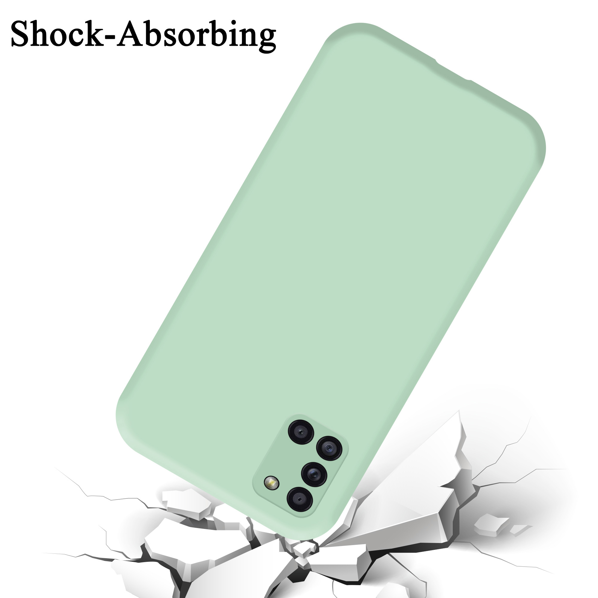 Eine hellgrüne Telefonhülle fällt, mit dem Text 'Shock-Absorbing'. Im Hintergrund zersplitterter Beton.