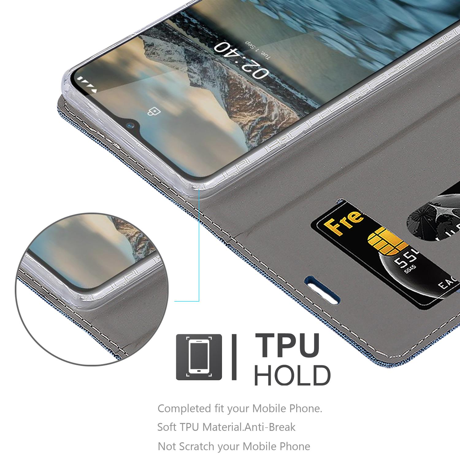 Primo piano di un telefono in una custodia. La custodia è blu scuro con la parte anteriore trasparente.