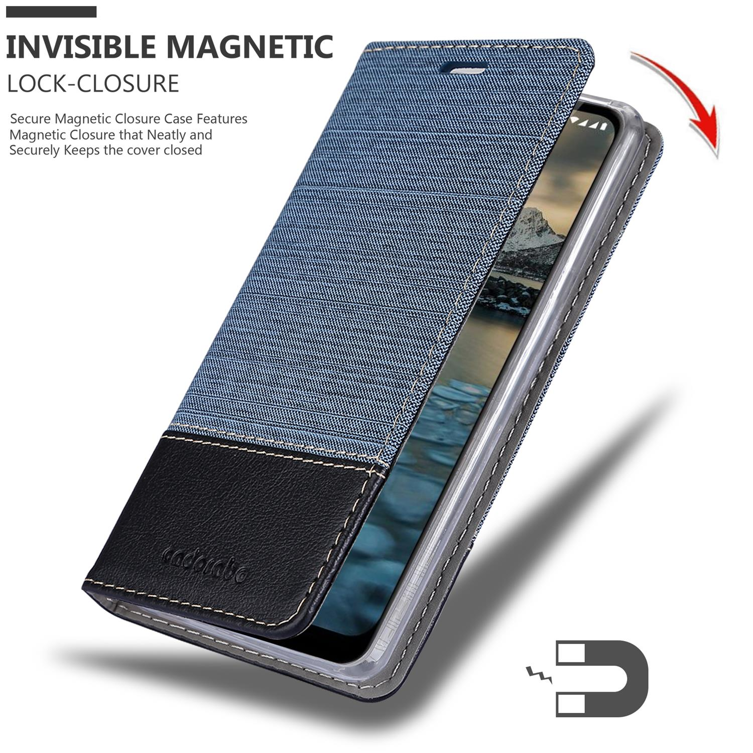 Una custodia per telefono con design in denim. Presenta una chiusura magnetica e una sezione in pelle.