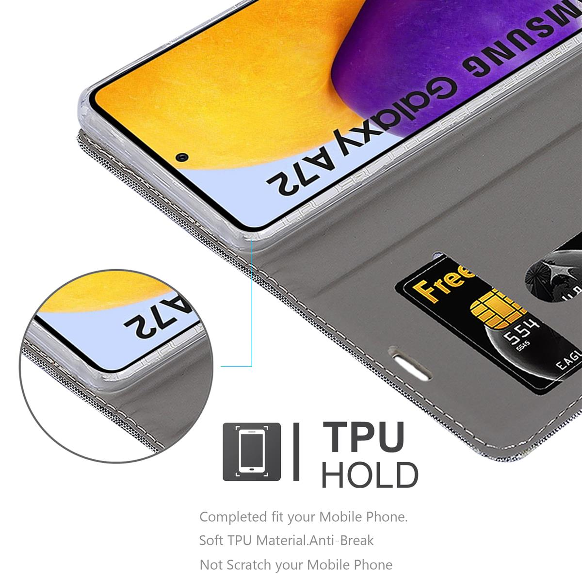 Custodia grigia per telefono con scomparti per carte. Lo schermo del telefono mostra uno sfondo giallo e viola. Testo TPU HOLD.