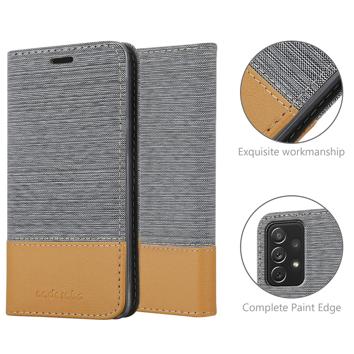 Custodia per telefono, tessuto grigio con base in pelle marrone. Lavorazione squisita, bordo verniciato completo.