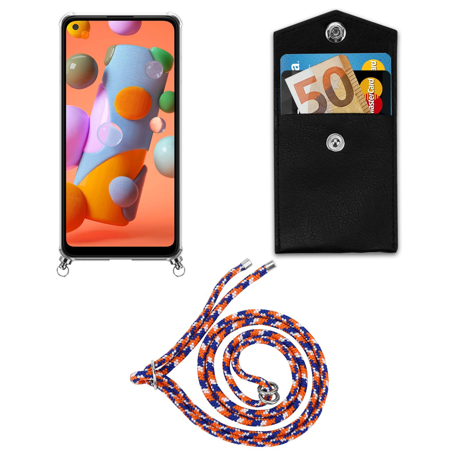 CADORABO Handy Kette mit Silber Ringen, A11 Samsung, ORANGE BLAU und Band Hülle, Galaxy / Kordel abnehmbarer Backcover, WEIß M11