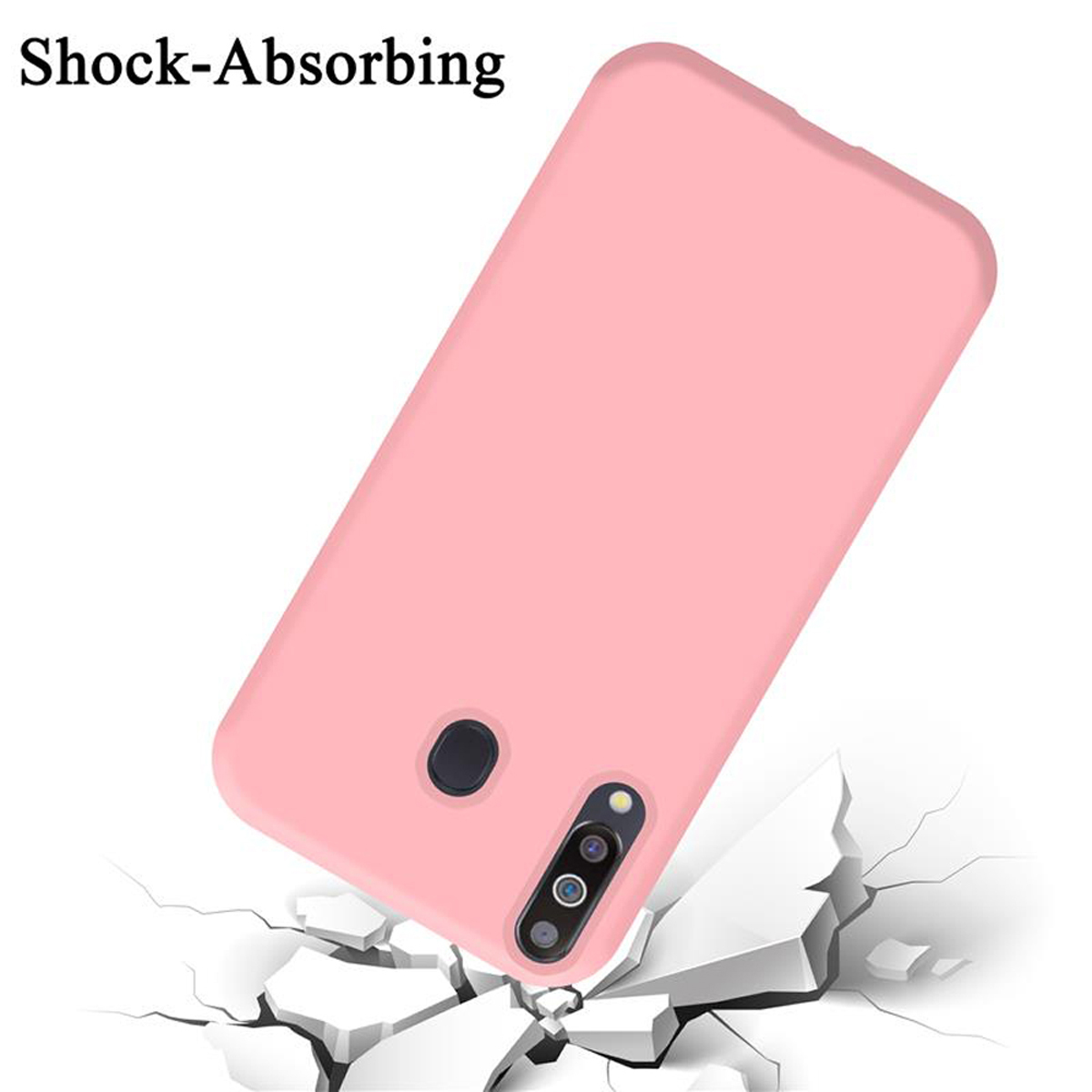 Eine rosa Handyhülle liegt auf einer zerbrochenen weißen Oberfläche. Oben steht das Wort „Stoßdämpfend“.