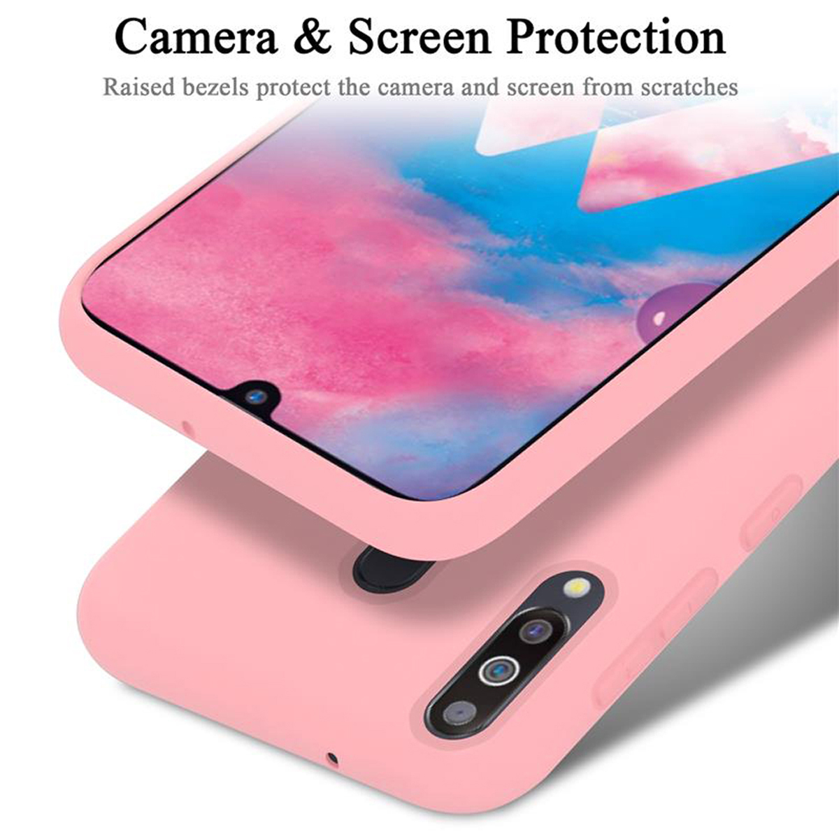 Nahaufnahme einer rosa Handyhülle, die einen Telefonbildschirm schützt, mit dem Text 'Camera & Screen Protection'.