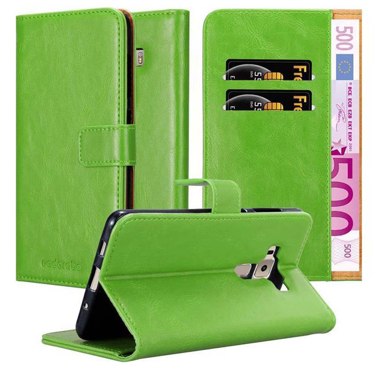 CADORABO Hülle Luxury Style, GRAS Book DELUXE, Bookcover, ZenFone Asus, 3 GRÜN