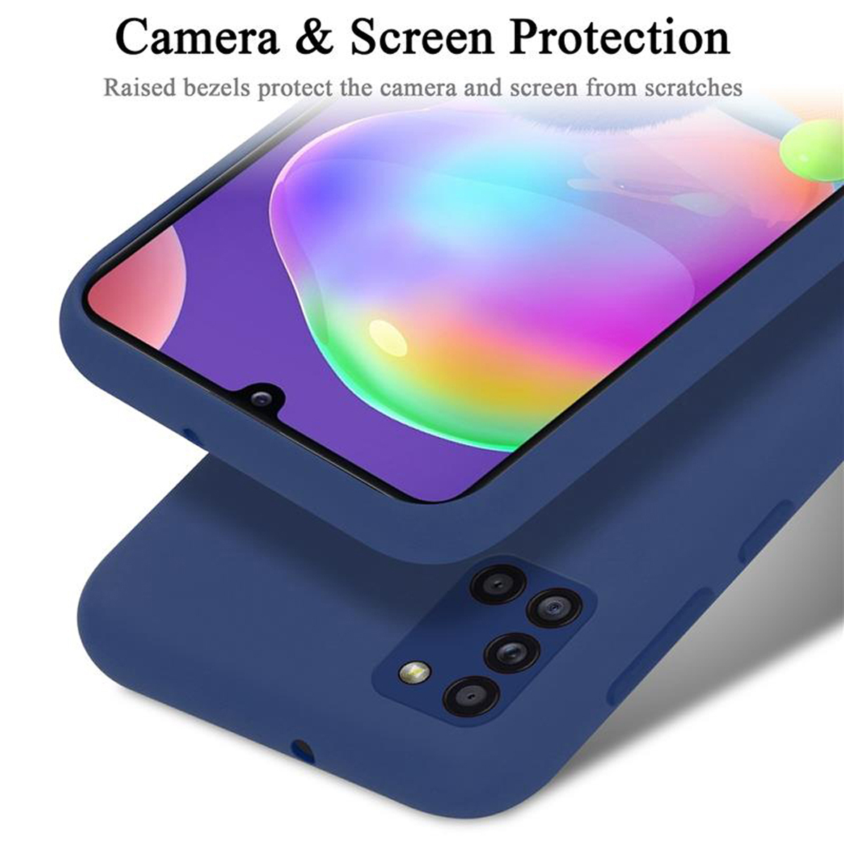 Nahaufnahme einer blauen Handyhülle mit Telefon, zeigt Bildschirm- und Kameraschutz.