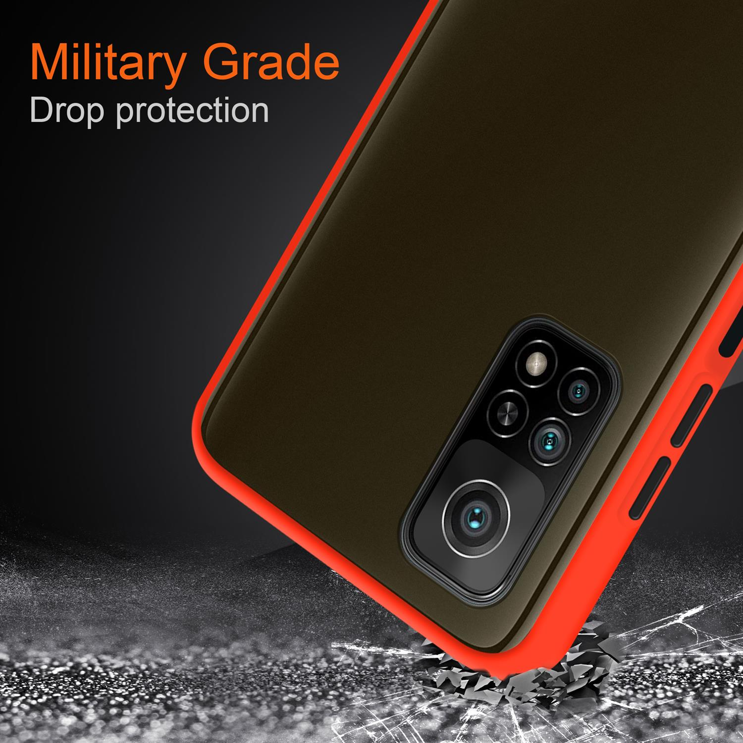 Coque de téléphone orange et marron. Texte : "Protection contre les chutes de qualité militaire". La coque est inclinée.