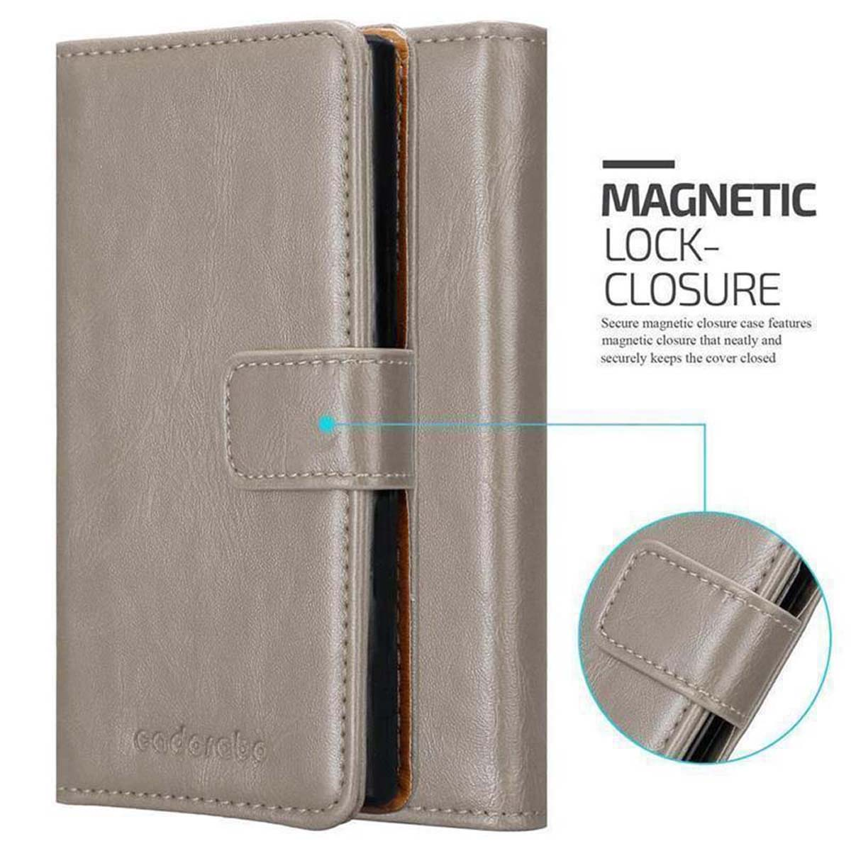 Una custodia grigia per telefono con chiusura magnetica. Il testo dice 'Magnetic Lock-Closure'.