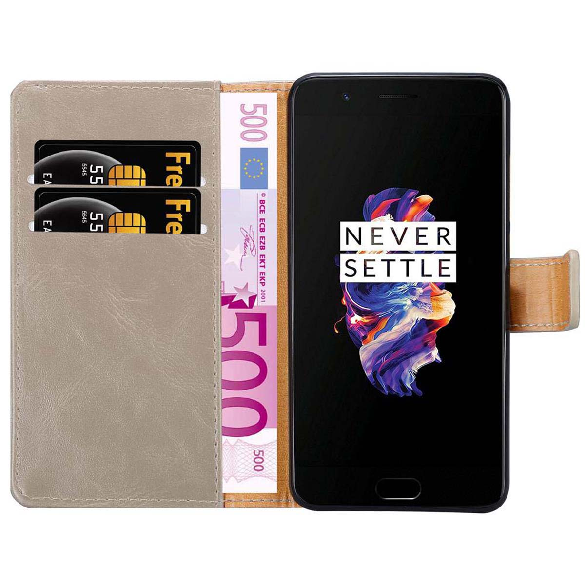 Un telefono in una custodia a portafoglio, con denaro e carte all'interno, con design vibrante sullo schermo.