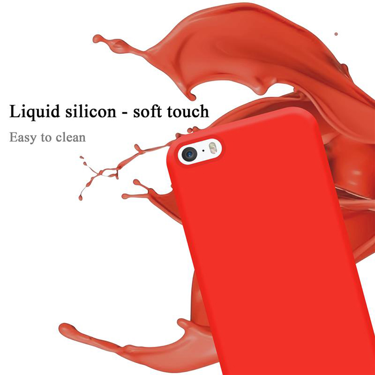 Rote Handyhülle mit einem Spritzer roter Farbe daneben, die Soft-Touch zeigt.