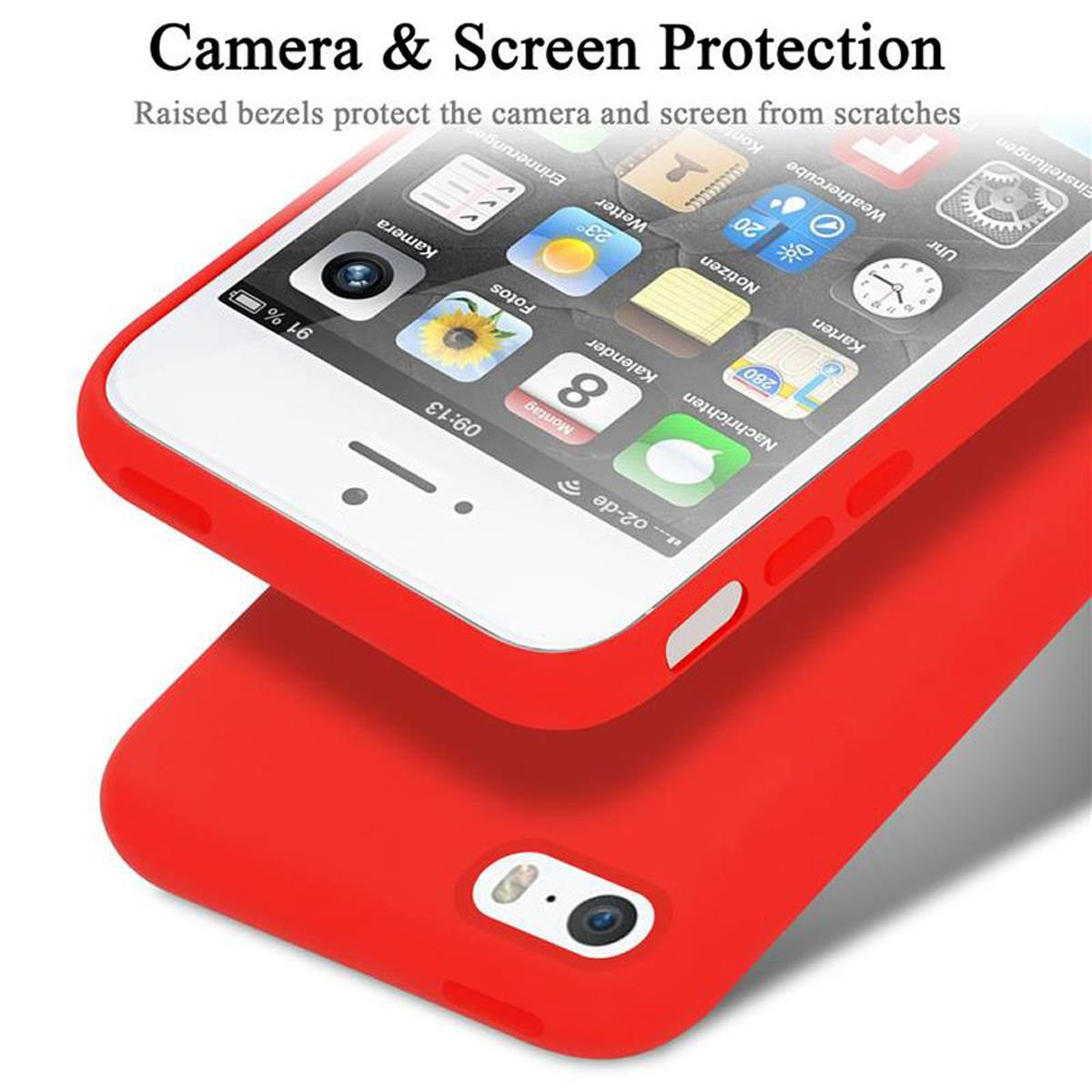 Rotes iPhone in roter Hülle, zeigt Bildschirm mit Symbolen. Darunter eine rote Hülle.
