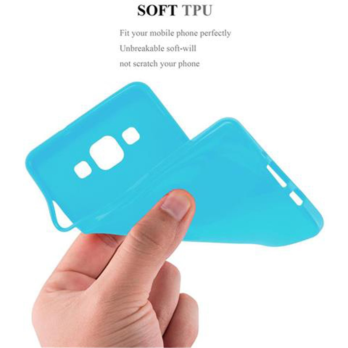 Una mano che tiene una custodia per telefono blu. Testo: 'SOFT TPU' e 'Unbreakable soft-will'.