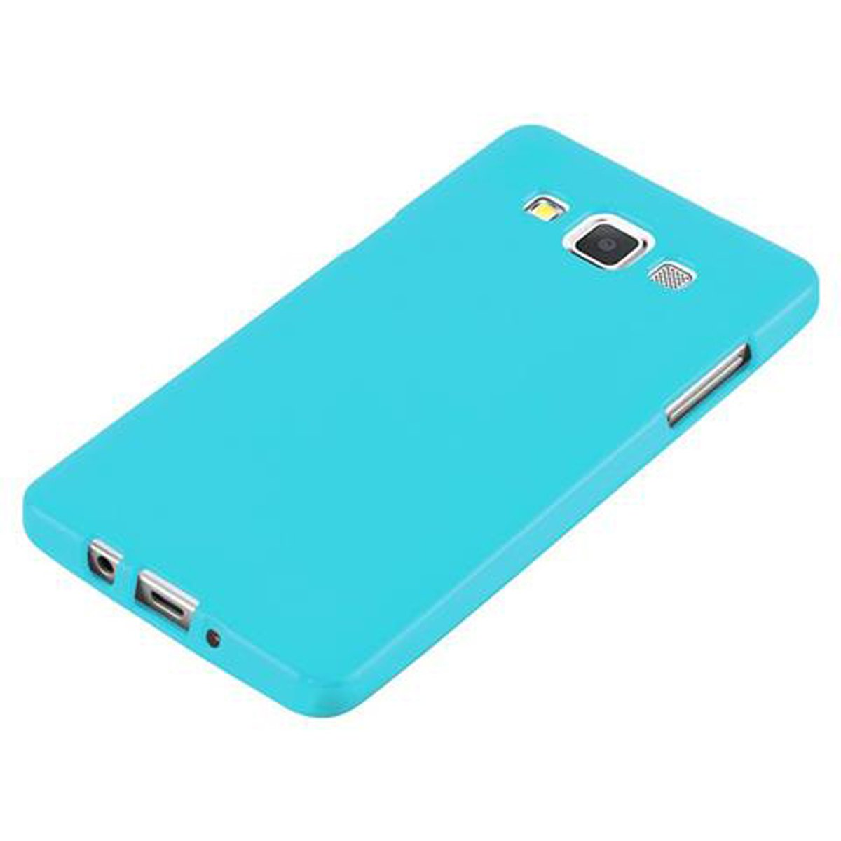 Custodia blu per telefono con ritagli per fotocamera, pulsanti e porta di ricarica. La custodia è di colore blu acqua.