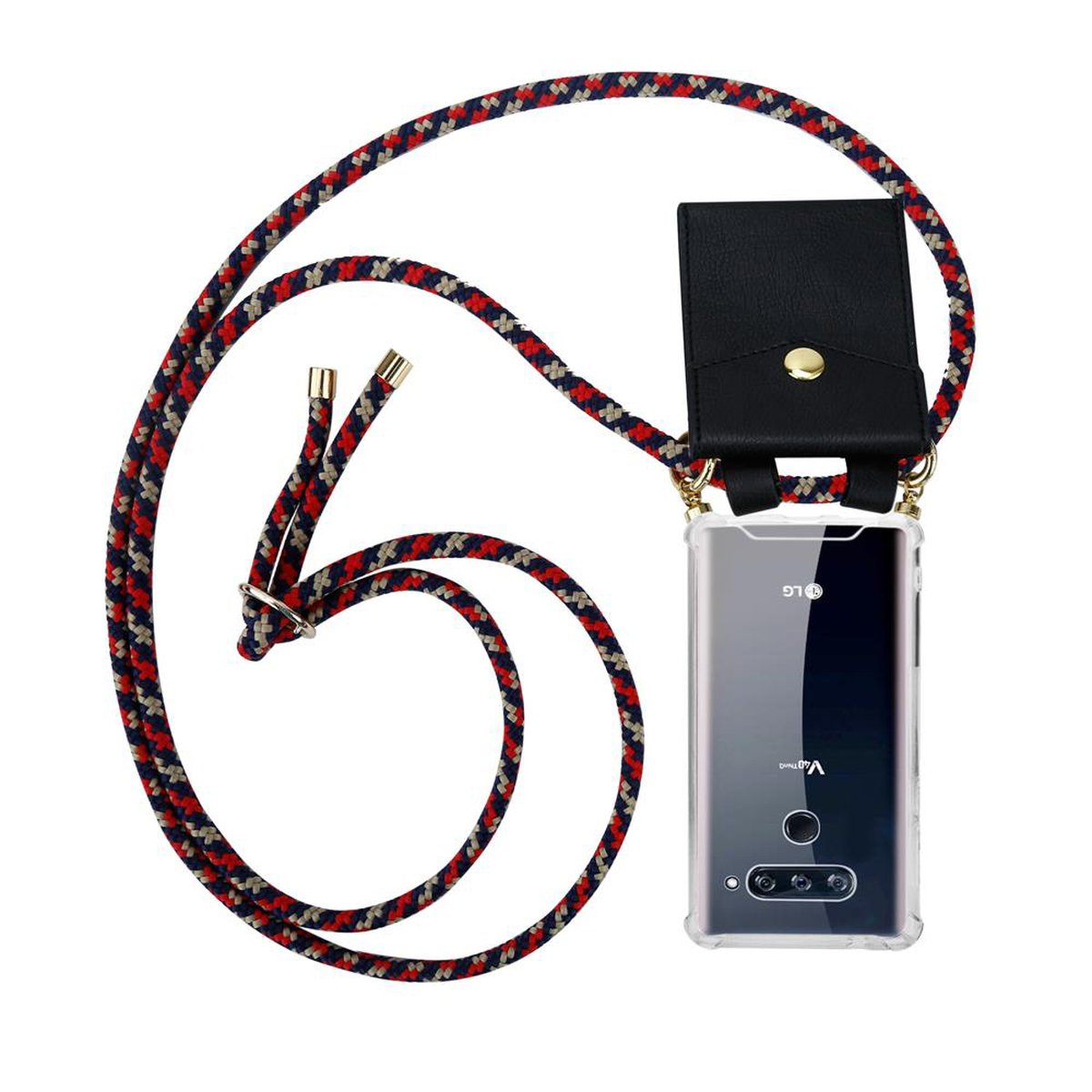 Telefon mit rot-blau-beigem Kabel. Schwarze Ledertasche. Das Telefon hat ein LG-Logo.