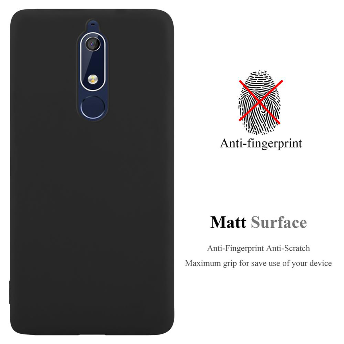 Eine schwarze Handyhülle. Der Text lautet: 'Anti-Fingerprint', 'Matt Surface' und 'Maximum grip'.