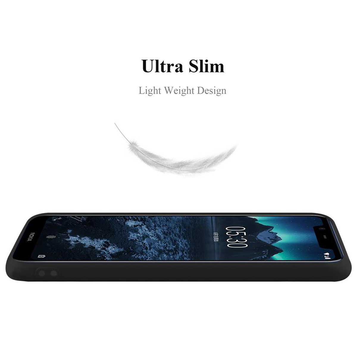Ein schwarzes Telefon auf weißem Untergrund. Der Text lautet: „Ultra schlankes, leichtes Design“.