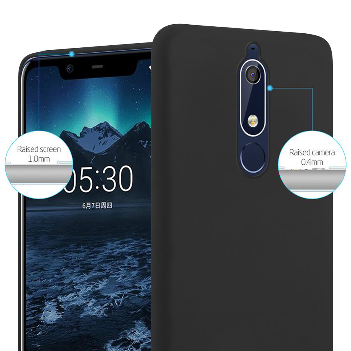 Schwarzes Telefon mit Zeitanzeige auf dem Bildschirm. Details des Bildschirms und der Kamera werden hervorgehoben.