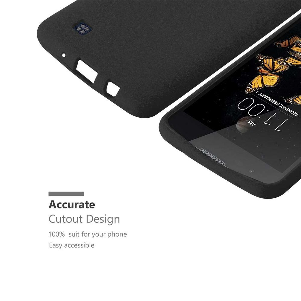 Custodia nera con telefono all'interno. Il telefono mostra l'ora e lo sfondo delle farfalle. Il testo recita Accurate.
