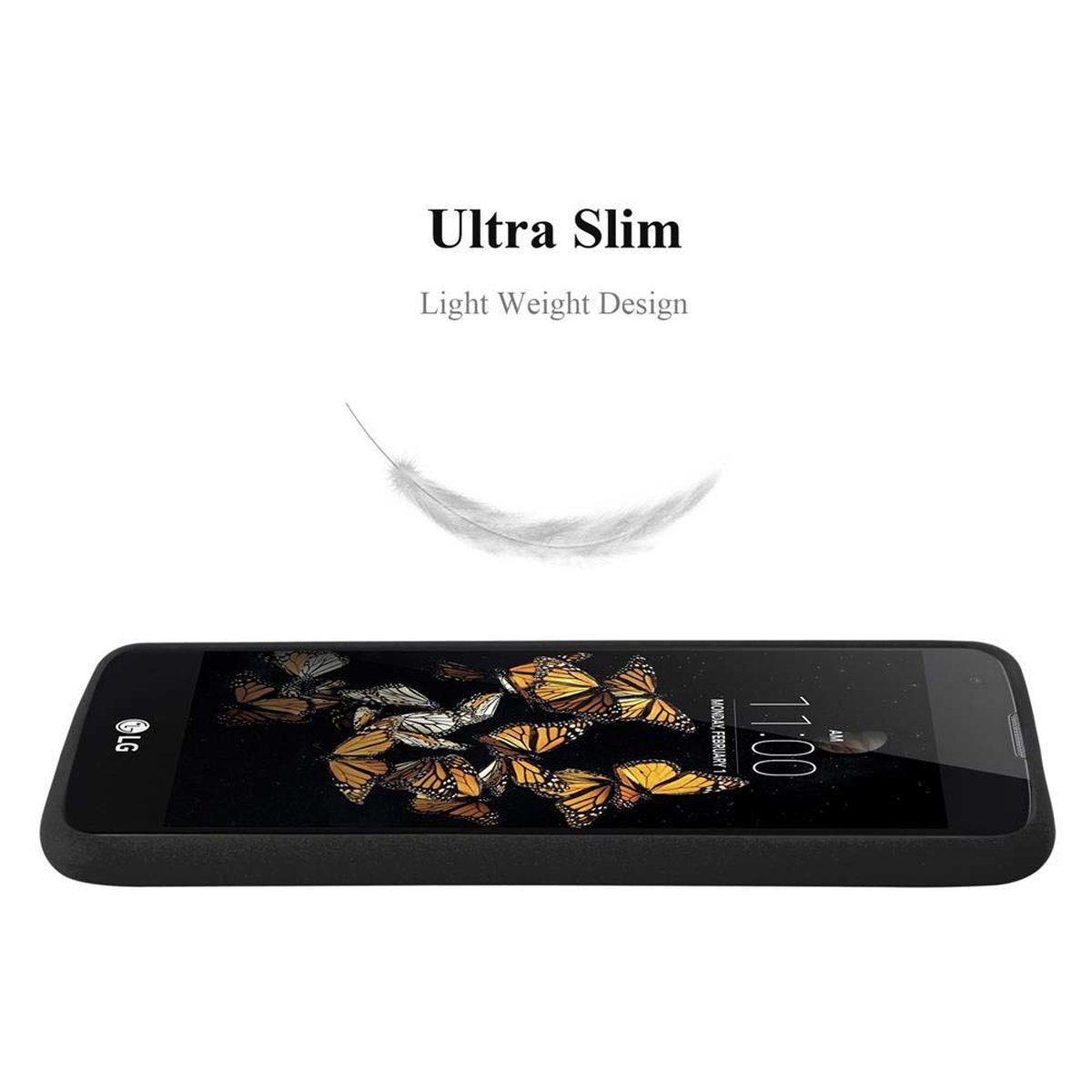 Telefono LG nero su custodia nera. Grafica di piuma bianca. Il testo recita Ultra Slim, Light Weight Design.